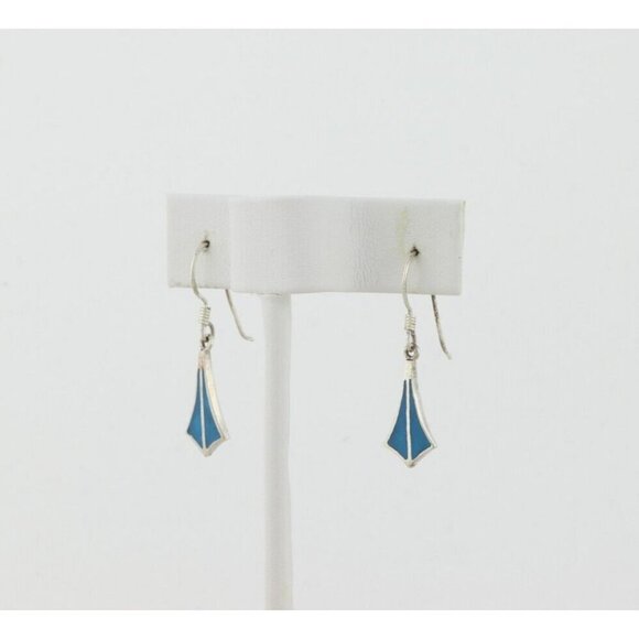 Sterling Silver Inlay Turquoise Earrings Dangle Drop 1 1/4" x 1/4" - Picture 5 of 8